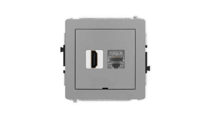 DECO Mechanizm gniazda HDMI 2.1, 8K + gniazda 1xRJ45, kat. 8, ekranowany, 8-stykowy, bez pola opisowego szary mat 27DGHKBO-88