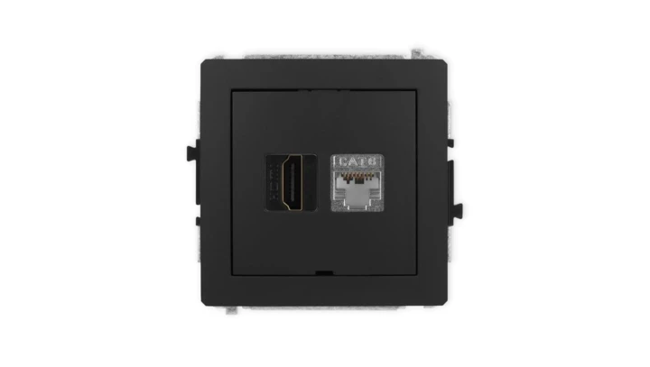 DECO Mechanizm gniazda HDMI 2.0, 4K + gniazda 1xRJ45, kat. 6, ekranowany, 8-stykowy, bez pola opisowego czarny mat 12DGHKBO-46