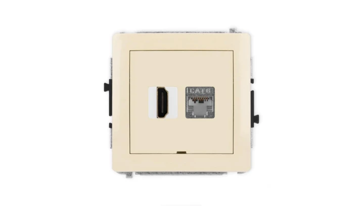 DECO Mechanizm gniazda HDMI 2.0, 4K + gniazda 1xRJ45, kat. 6, ekranowany, 8-stykowy, bez pola opisowego beżowy 1DGHKBO-46