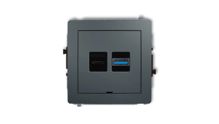 DECO Mechanizm ładowarki USB podwójnej USB C + USB A, 30W max., bez pola opisowego grafitowy mat 28DCUSBBO-10