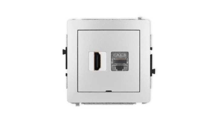 DECO Mechanizm gniazda HDMI 2.1, 8K + gniazda 1xRJ45, kat. 8, ekranowany, 8-stykowy, bez opisu srebrny metalik 7DGHKBO-88
