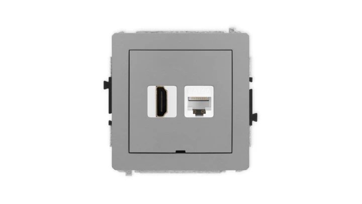 DECO Mechanizm gniazda HDMI 2.0, 4K + gniazda komp. poj. 1xRJ45, kat. 6A, 8-stykowy, bez pola opisowego szary mat 27DGHKBO-46A