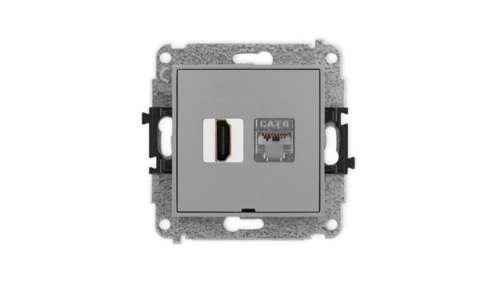ICON Mechanizm gniazda HDMI 2.0, 4K + gniazda 1xRJ45, kat. 6, ekranowany, 8-stykowy, bez pola opisowego szary mat 27IGHKBO-46