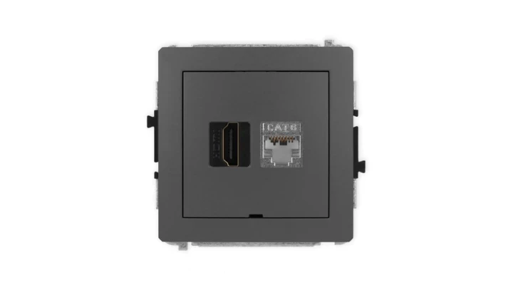 DECO Mechanizm gniazda HDMI 2.0, 4K + gniazda 1xRJ45, kat. 6, ekranowany, 8-stykowy, bez opisu grafitowy mat 28DGHKBO-46