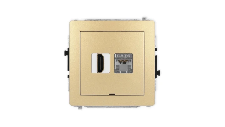 DECO Mechanizm gniazda HDMI 2.0, 4K + gniazda 1xRJ45, kat. 6, ekranowany, 8-stykowy, bez pola opisowego złoty 29DGHKBO-46