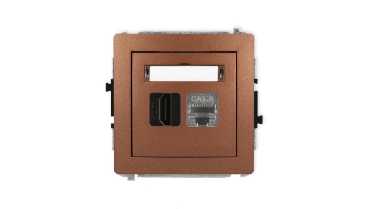 DECO Mechanizm gniazda HDMI 2.1, 8K + gniazda komp. poj. 1xRJ45, kat. 8, ekranowany, 8-stykowy brązowy metalik 9DGHK-88