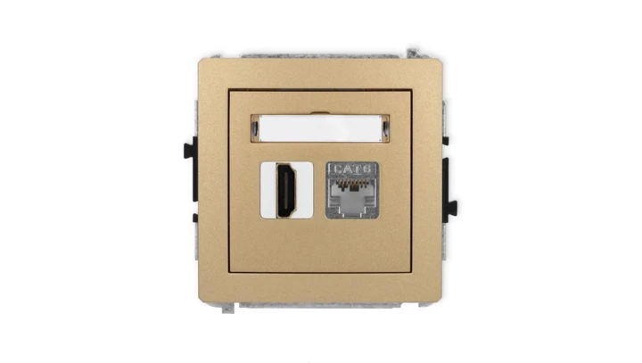 DECO Mechanizm gniazda HDMI 2.0, 4K + gniazda komp. poj. 1xRJ45, kat. 6, ekranowany, 8-stykowy złoty metalik 8DGHK-46
