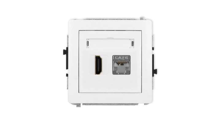 DECO Mechanizm gniazda pojedynczego HDMI 2.0, 4K + gniazda komp. poj. 1xRJ45, kat. 6, ekranowany, 8-stykowy biały mat 25DGHK-46