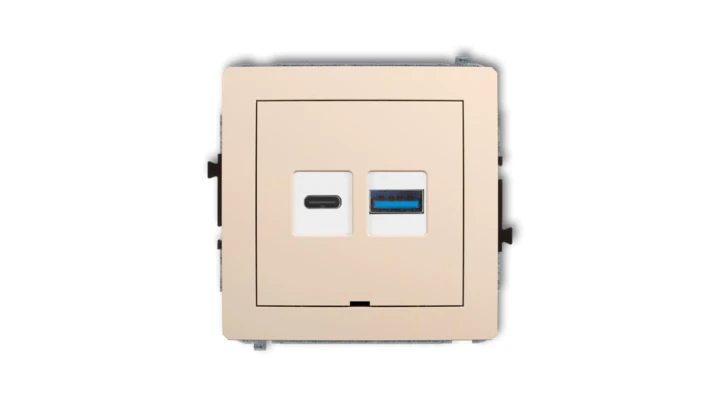 DECO Mechanizm ładowarki USB podwójnej USB C + USB A, 30W max., bez pola opisowego beżowy 1DCUSBBO-10