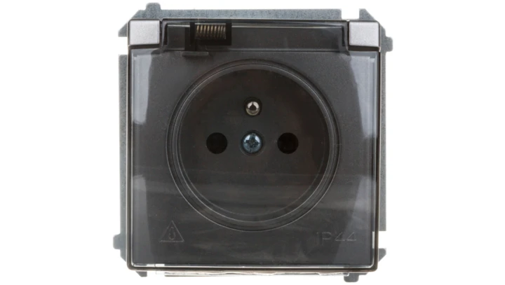 Simon Basic Gniazdo bryzgoszczelne z/u IP44 z przesłoną torów i klapką stal inox BMGZ1Bz.01/21a