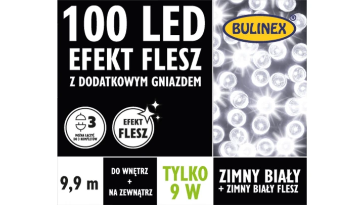 Lampki Bulinex 100led białe zimne 9,90m flesz z dodatkowym gniazdem sznur