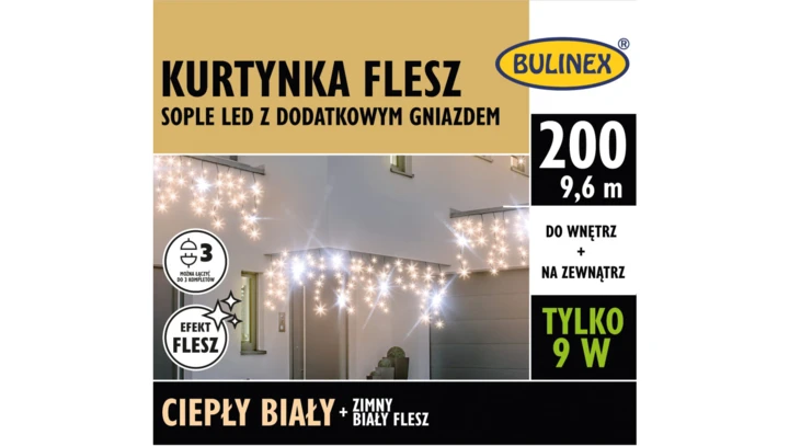 Lampki Bulinex 200led białe ciepłe 9,60m kurtyna sople flesz