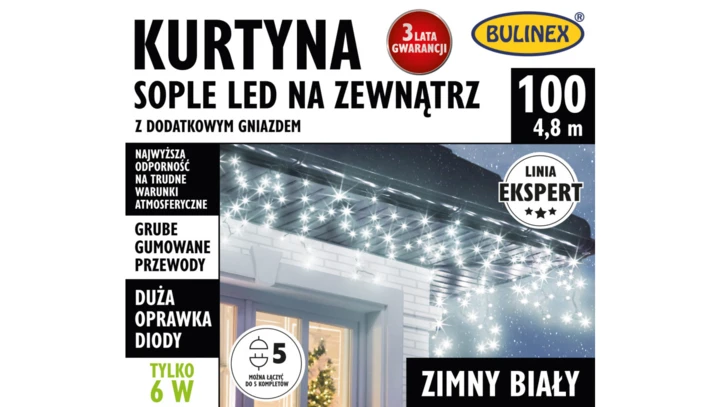 Lampki Bulinex 100led białe zimne 5,00m kurtyna sople zewnętzrne