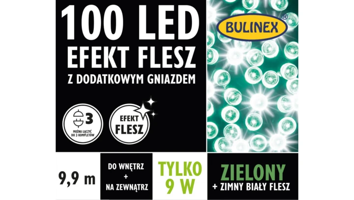 BULINEX 100 LED lampki zielone efekt FLESH 9,9m z dodatkowym gniazdem