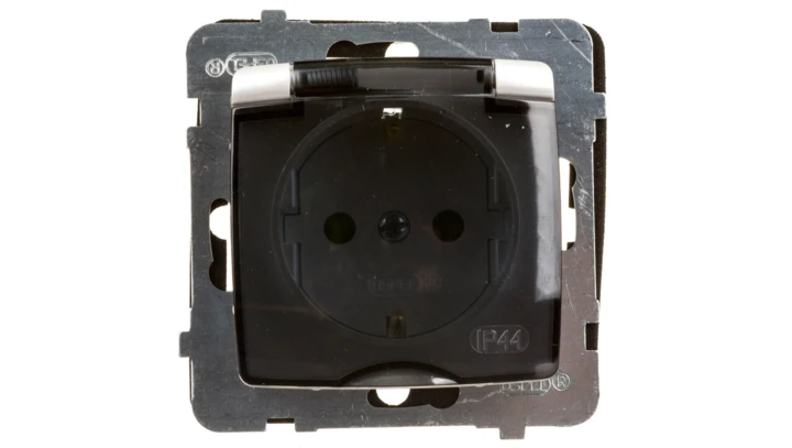 KARO Gniazdo bryzgoszczelne z/u Schuko IP44 z przesłonami klapka przezroczysta srebrny perłowy GPH-1SSP/m/43/d