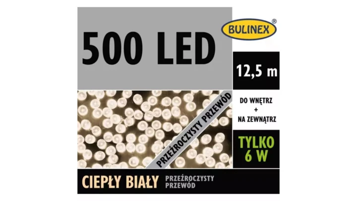Lampki Bulinex 500led białe ciepłe 12,5m przewód przezroczysty