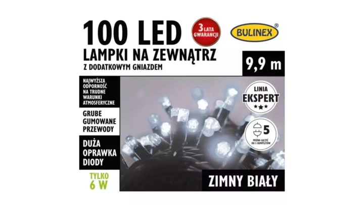 Lampki Bulinex 100led białe zimne 9,90m zewnętzrne z dodatkowym gniazdem sznur