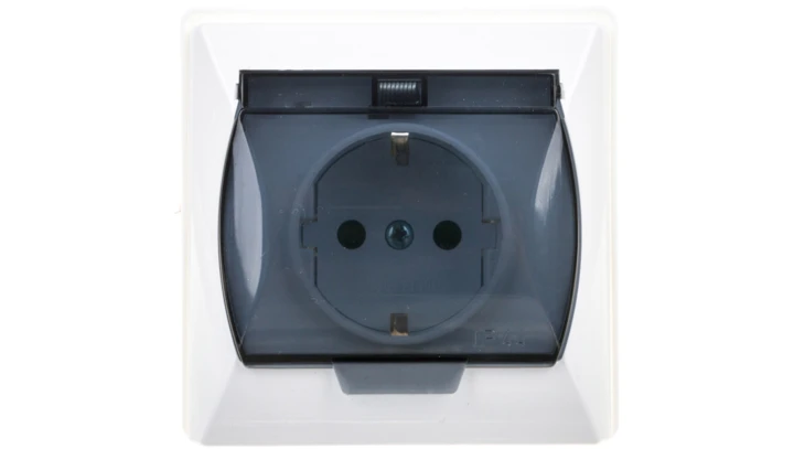 AKCENT Gniazdo bryzgoszczelne z/u Schuko IP44 z przesłonami klapka przezroczysta białe GPH-1ASP/00/d
