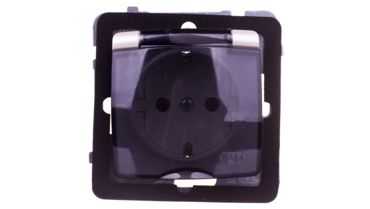 KARO Gniazdo bryzgoszczelne z/u Schuko IP44 klapka przezroczysta ecru perłowy GPH-1SS/m/42/d