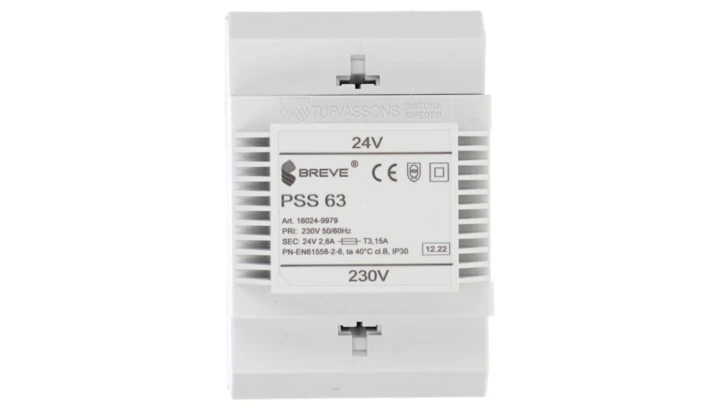 Transformator 1-fazowy modułowy bezpieczeństwa PSS 63 230/ 24V 2,6A, na szynę DIN, IP30, Ta 40, 16024-9979