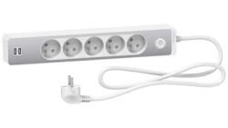 Odace Przedłużacz 5 gniazdowy z łącznikiem 2x USB, 1,5m biały+szczotkowane aluminium ST935U1WA