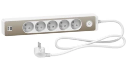 Odace Przedłużacz 5 gniazdowy z łącznikiem 2x USB, 1,5m biały+szczotkowany brąz ST935U1WB