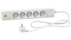 Odace Przedłużacz 5 gniazdowy z łącznikiem 2x USB, 1,5m biały+drewno Nordic ST935U1WC