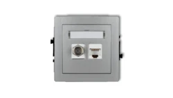 DECO Mechanizm gniazda antenowego poj. typu F (SAT) + gniazda komp. poj. 1xRJ45, kat. 6 ekranowane, 8-stykowy srebrny metalik 7D