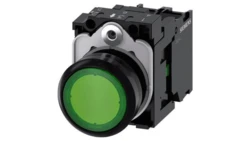 Przycisk podświetlany, 22 mm, okrągły, plastikowy, zielony, przyciskowy, płaski, z zestykiem chwilowym, z uchwytem, ​​1 NO, modu