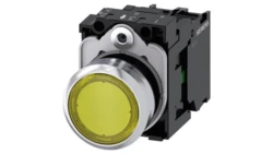 Przycisk podświetlany, 22 mm, okrągły, metalowy, błyszczący, żółty, ​​1 NO, moduł LED z wbudowaną diodą LED 24 V AC/DC, zacisk ś