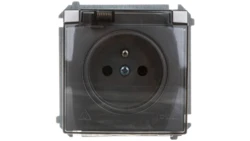 Simon Basic Gniazdo bryzgoszczelne z/u IP44 z przesłoną torów i klapką stal inox BMGZ1Bz.01/21a