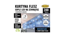 Lampki Bulinex kurtyna sople 200led niebieskie 9,6m biały flesz gruby przewód